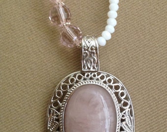 Convertible Rose Quartz Silver Pendant Necklace and Earrings Set