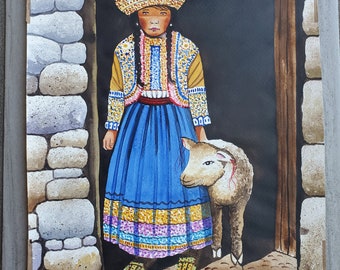 Girl from the Andes with llama, Original peruvian Watercolor Painting
