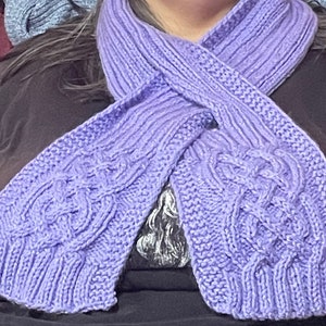 May include: A purple knitted scarf with a cable knit pattern. The scarf is folded in half and draped over a person's shoulders.