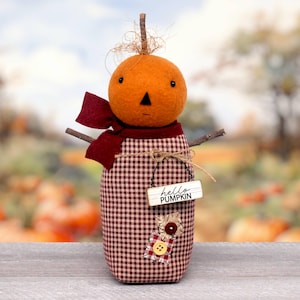 May include: A fabric pumpkin figure with a round orange head, a stick stem, and a body covered in a red and white gingham pattern. It wears a dark red felt scarf, has twig arms, and features a small wooden sign that reads hello PUMPKIN.