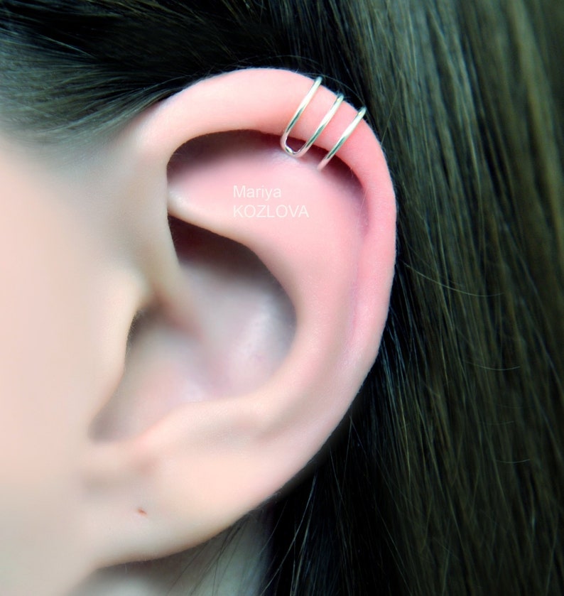 No Piercing Silver Three Rings Helix Ear Cufffake upper ear earringhelix hoop loopjacket earringohr manschette4 rings cartilage earcuff
