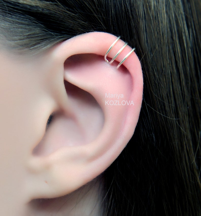 No Piercing Silver Three Rings Helix Ear Cufffake upper ear earringhelix hoop loopjacket earringohr manschette4 rings cartilage earcuff
