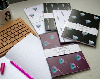 A5 Notebook with Ruled Pages in Tulip, Anemone and Feather Designs, Made From Recycled Paper