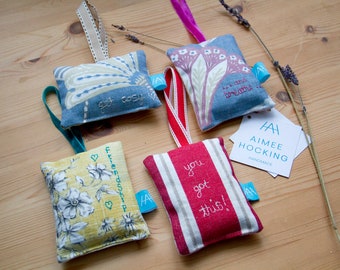 Embroidered Organic Lavender Bags Handmade with Ribbon Loops for Hanging