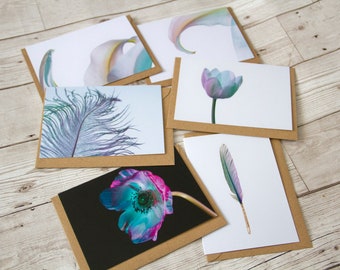 Greeting Cards with Photography Print Designs of Lilies, Tulips and Feathers