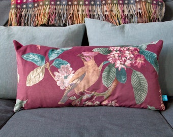 Long Cushion Handmade with Pink Bird Print Velvet