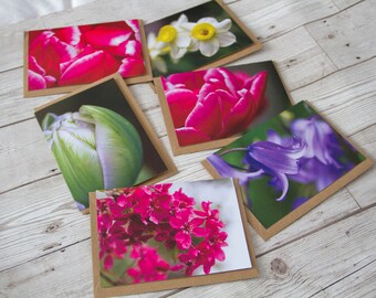 Greeting Cards with Photography Print Designs of Spring Garden Flowers Bluebells Tulips Daffodils and Blossom