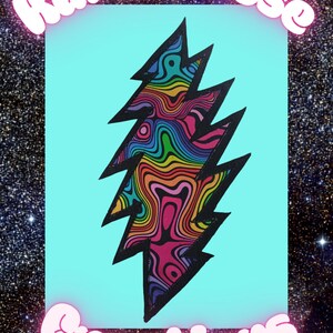 May include: A graphic design featuring a central lightning bolt shape filled with a multi-coloured, wavy, psychedelic line pattern. The text Karma Rose Creations is displayed in white, rounded, bubble-style lettering above and below the bolt.
