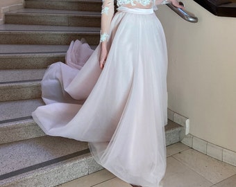 ESME Tulle Skirt with a Train/ Wedding Skirt in Pink/ Ombre Bridal Skirt/ Ivory, Rose, Pink  Maxi Skirt/ Tulle Wedding Skirt
