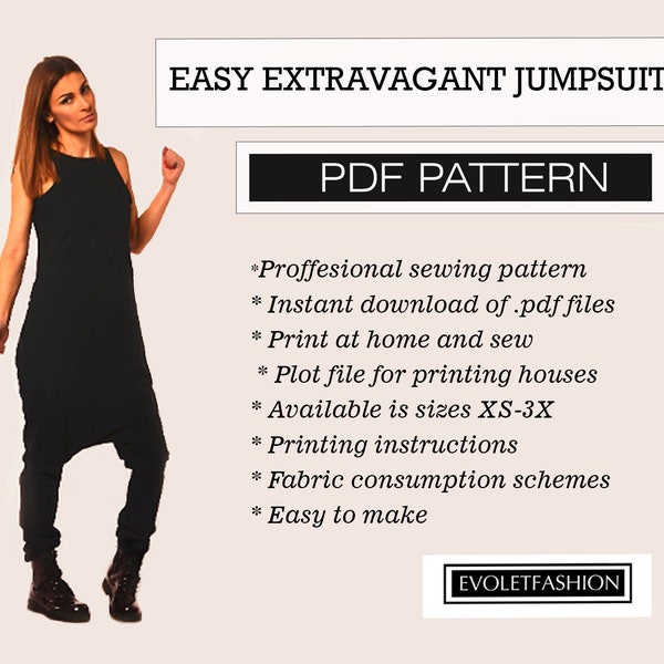 XS-S-M Digital Sewing Pattern of Drop Crotch Jumpsuit/ Loose Harem Romper/ Elegant Sporty Overall with Pockets