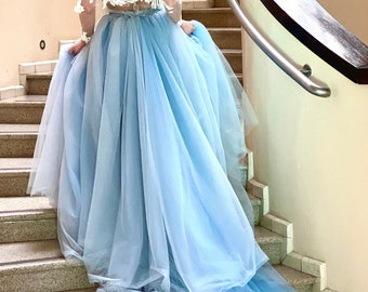 JANE Tulle Skirt with a Train/ Wedding Skirt in Blue/ Ombre Bridal Skirt/ Tulle Wedding Skirt