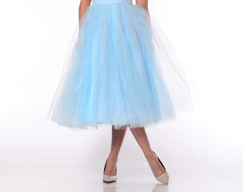 Tea Length Blue Tulle  Skirt/Quality Tulle Party Skirt/Woman Tulle Skirt/ Midi Tulle Skirt