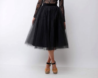 Jupe tulle longueur thé avec poches/ jupe de fête/ jupe de mariage/ jupe tulle de qualité/ jupe tulle noire avec poches