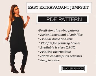 L-XL-XXL Digital Sewing  Pattern of Drop Crotch Jumpsuit/ Loose Harem romper/ Elegant Sporty Overall with Pockets