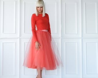 Coral Luxury Fine Matte Tulle Tea Length Jupe de mariage / Jupe demoiselle d’honneur / Jupe de mariée