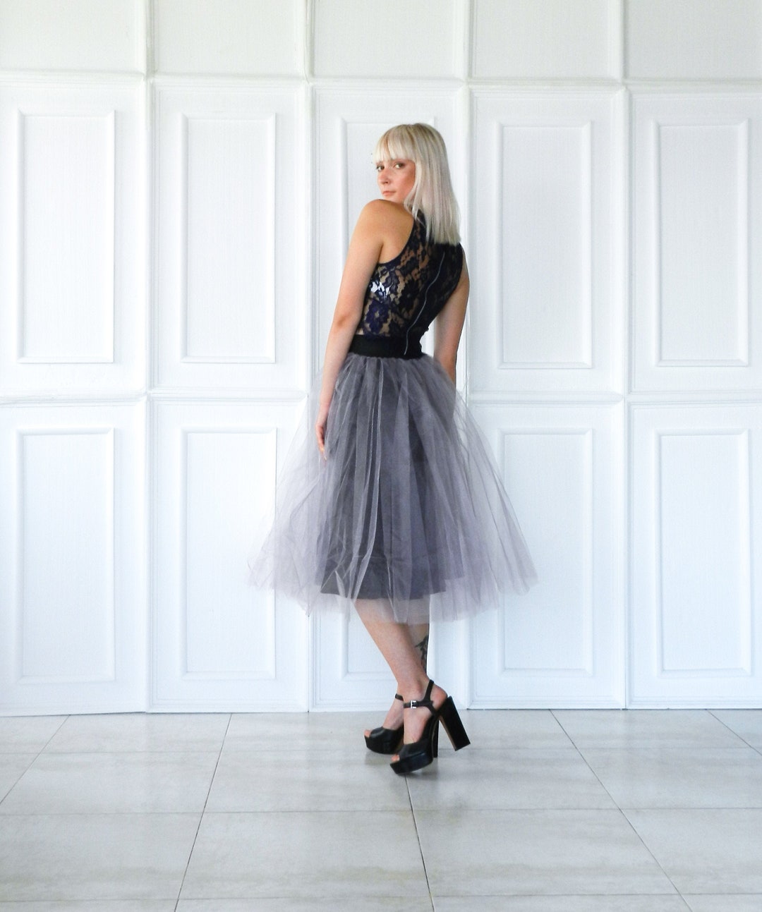 Gray/grey Tea Length Tulle Skirt With Elastic Waistband/high - Etsy