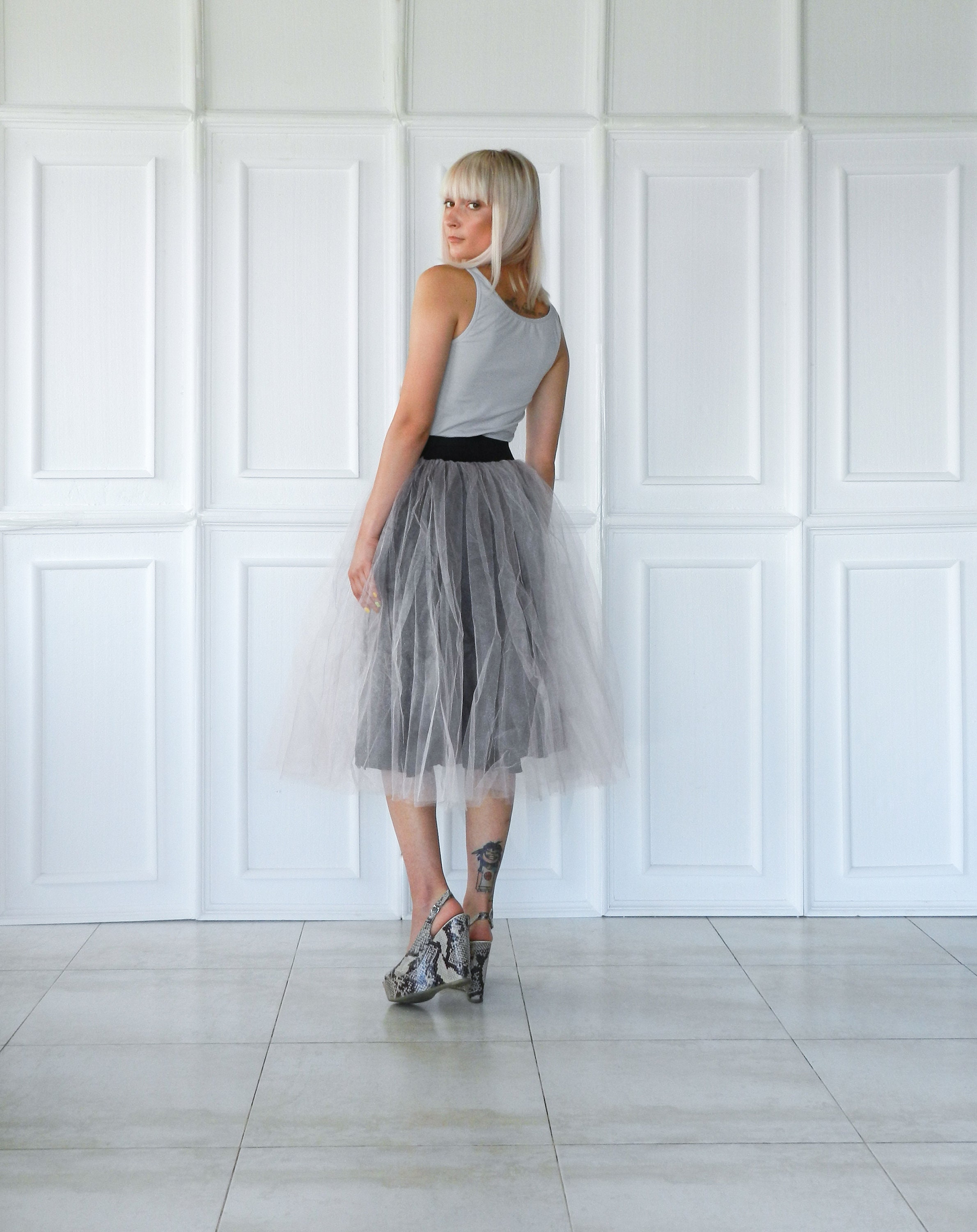 Light Gray/Grey Tea length Tulle Skirt with Elastic | Etsy