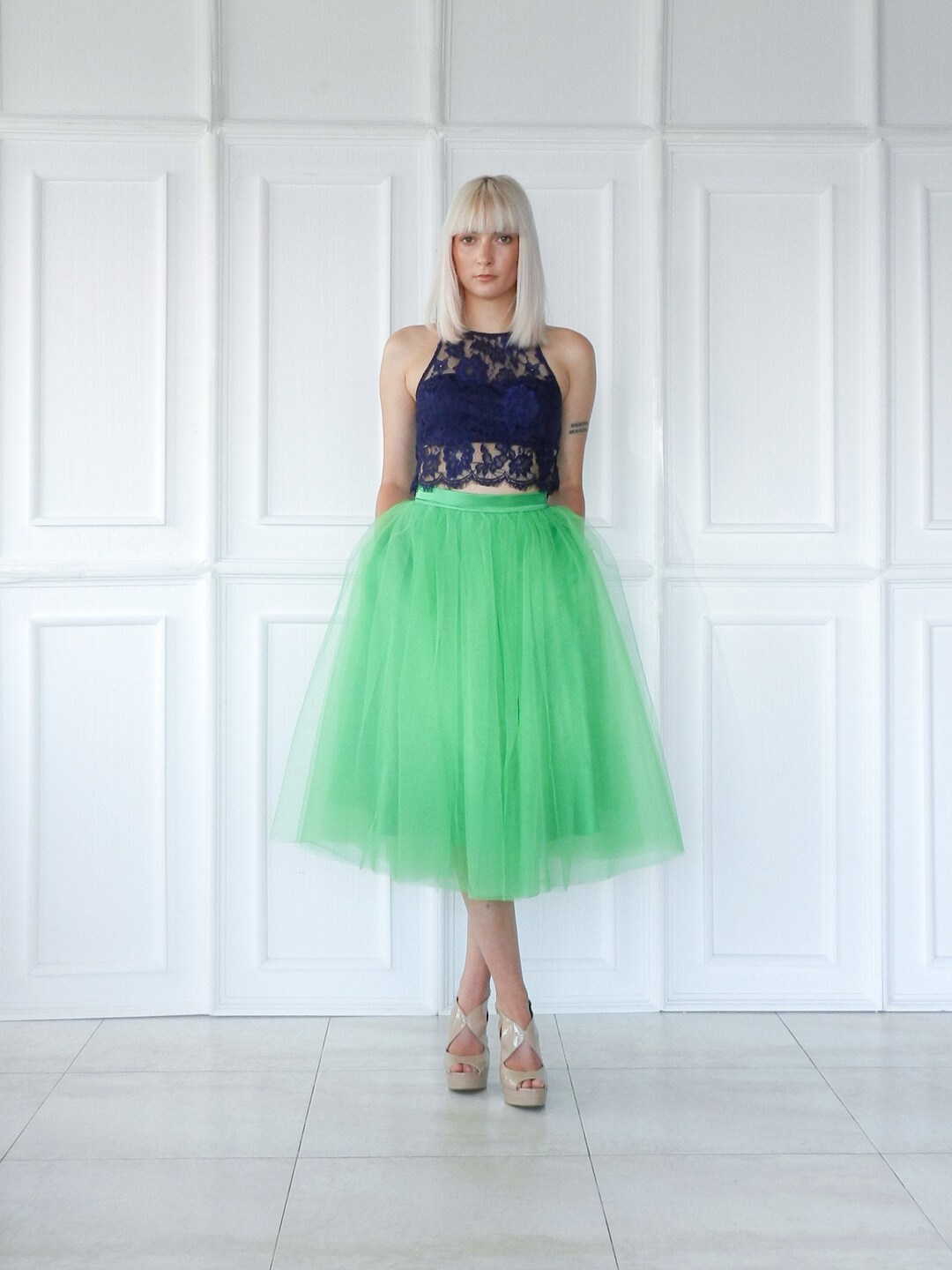 Green Luxury Fine Matte Tulle Tea Length Wedding Skirt/ - Etsy