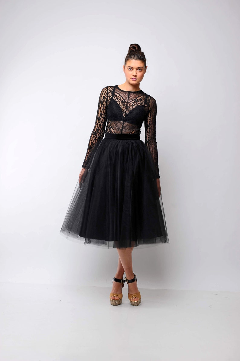 Tea Length Tulle Skirt With Pockets/ Party Skirt/ Wedding Skirt/ Quality Tulle Skirt/ Black Tulle Skirt with Pockets