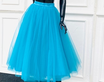 Full Tea Length Tulle Skirt/ A- line Tulle Skirt/ Midi Tulle Skirt/ Fluffy Tutu/ Elegant Women Tulle/ Colour 28 Blue Cola