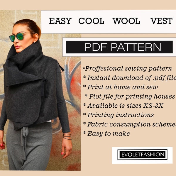 1X-2X-3X Stylish Wool Vest/ Asymmetric Top/ Oversized Top/ Digital Pattern/ Sewing Pattern/ PDF pattern/ Winter Top Coat/ Autumn Jacket