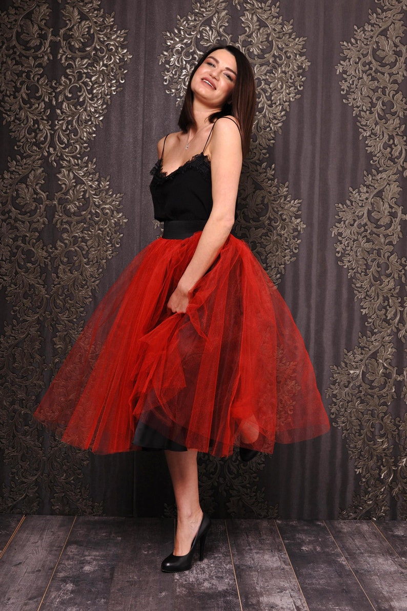 Red Tea Length Tulle Skirt With Elastic Waistband/high Waist Etsy