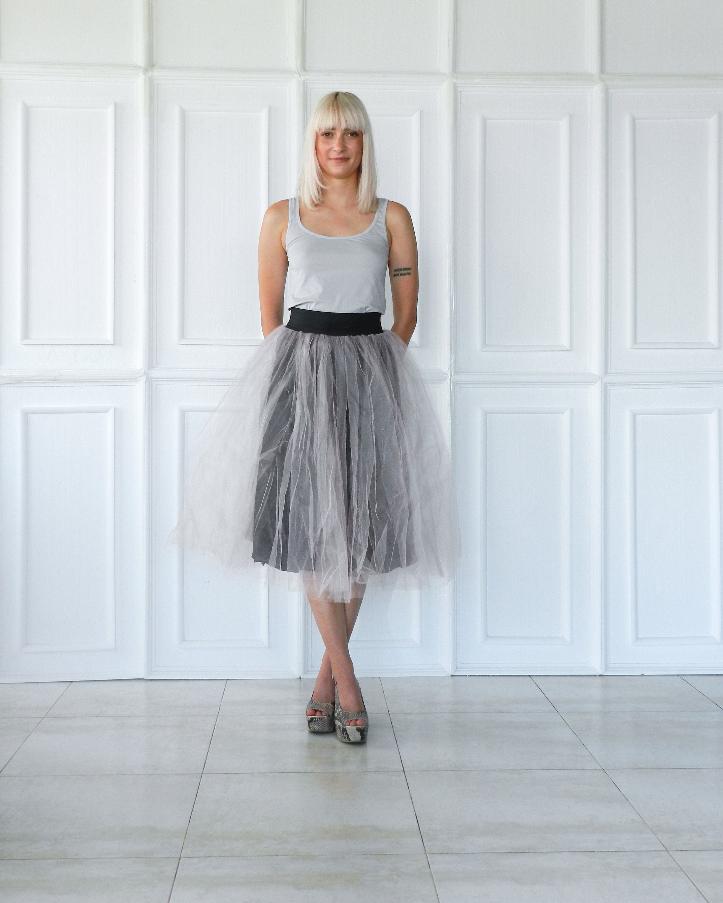 Light Gray/Grey Tea length Tulle Skirt with Elastic | Etsy