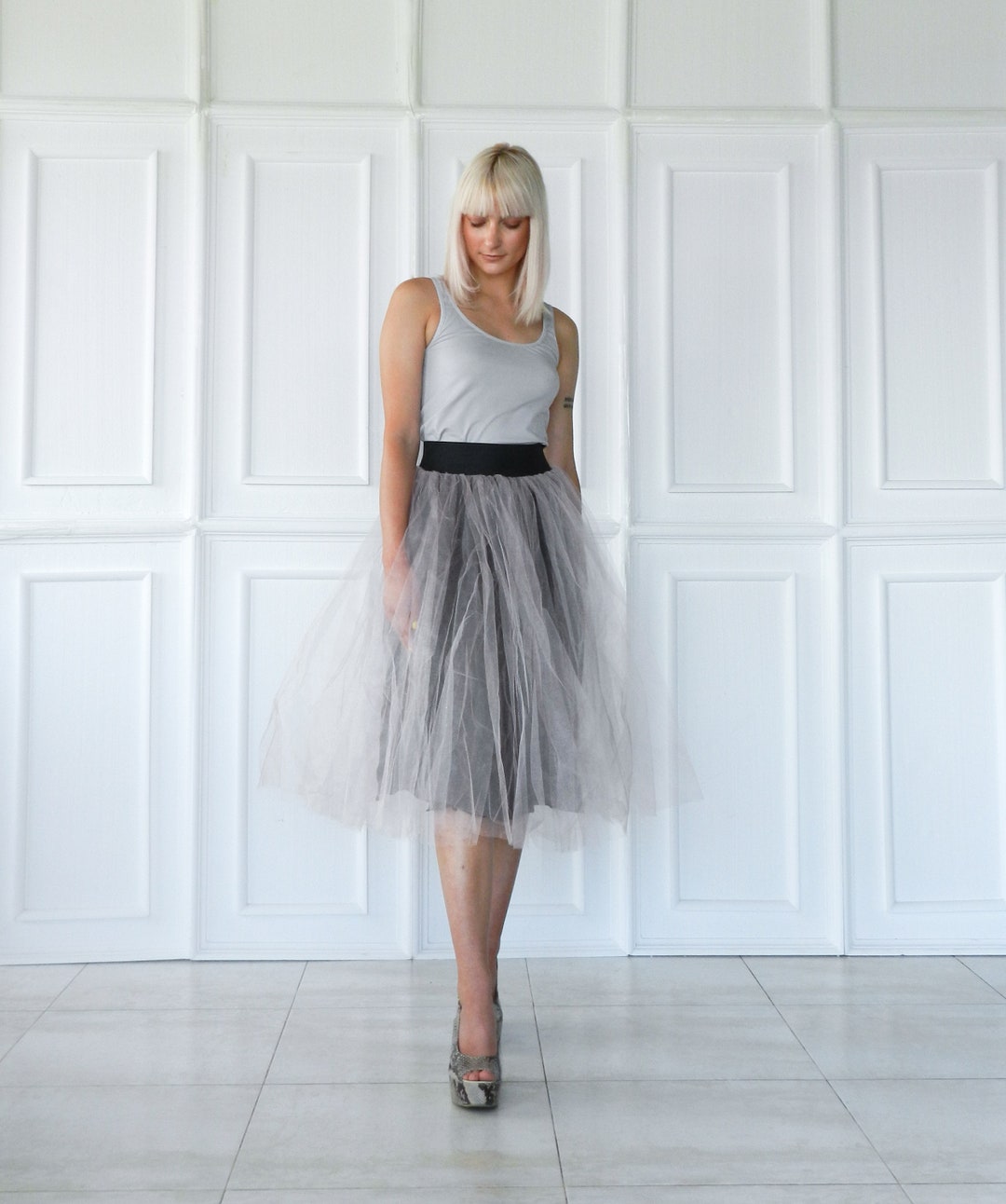 Light Gray/grey Tea Length Tulle Skirt With Elastic - Etsy
