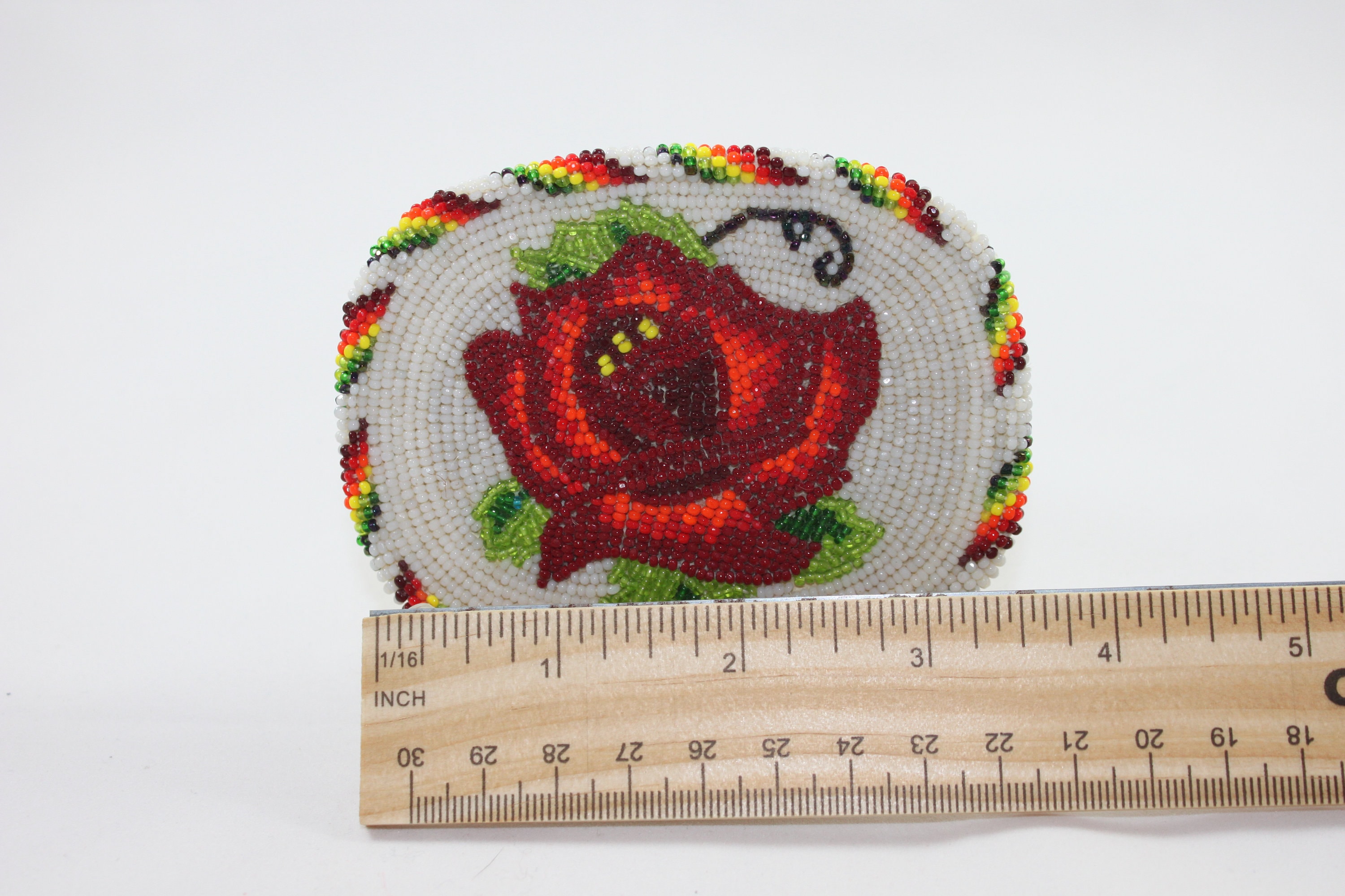 Native American Beaded Belt Buckle: Rose Design Seed Beads 