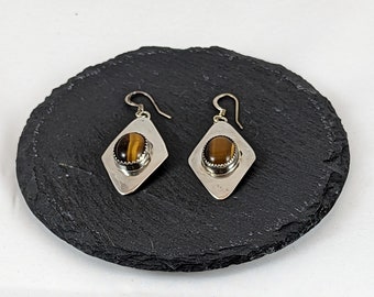 Tiger Eye - Sterling Silver Diamond shaped drop earrings made by Della Baca in New Mexico FREE SHIPPING