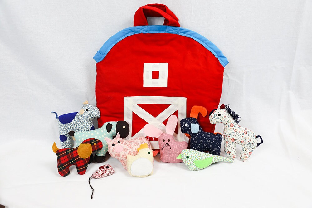 Barn Tote Plush Animals Red Barn Door Fabric Animals Horse Cow Etsy