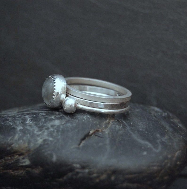 Set of Three Handmade Sterling Silver and Moonstone Stacking Rings O+12 Size UK