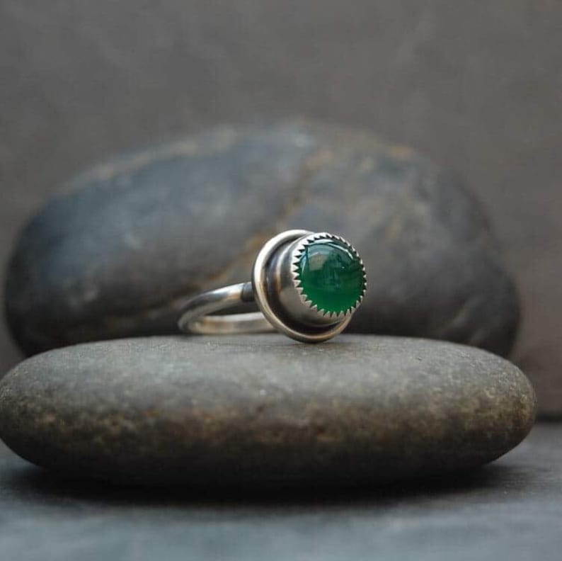 S. Handmade Sterling Silver and Green Onyx Stacking Ring.Size U.K