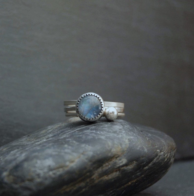 Set of Three Handmade Sterling Silver and Moonstone Stacking Rings O+12 Size UK