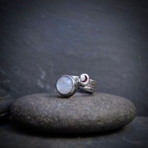 Handmade Rainbow Moonstone and Sterling Silver stacking ring set. All UK sizes available.