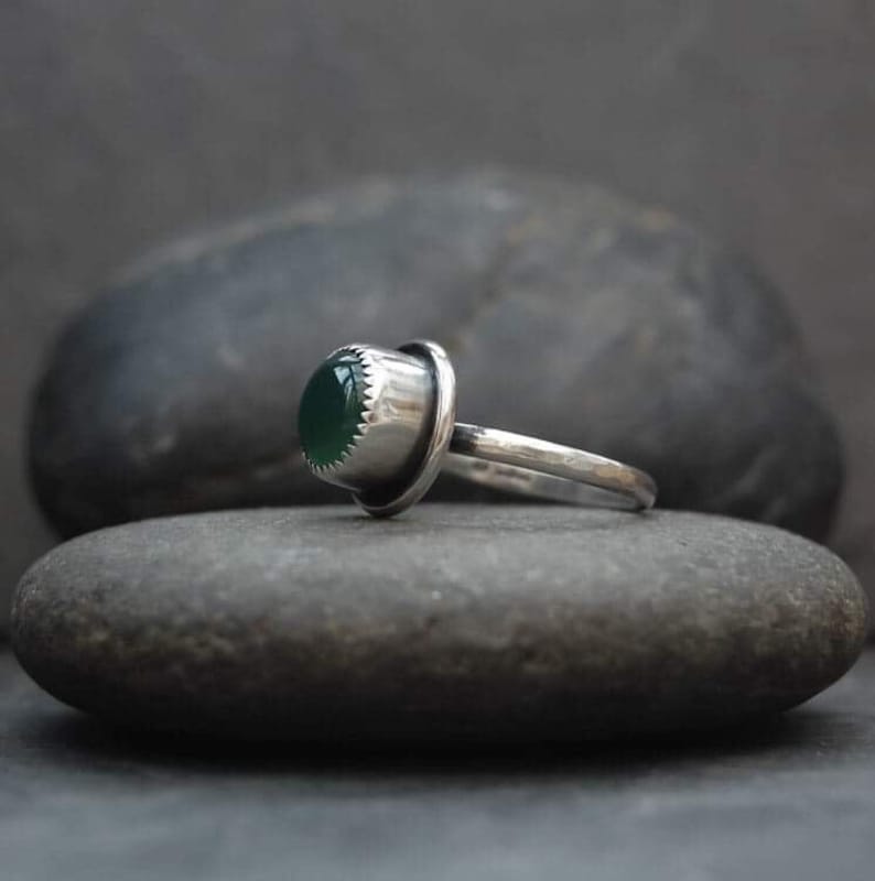S. Handmade Sterling Silver and Green Onyx Stacking Ring.Size U.K