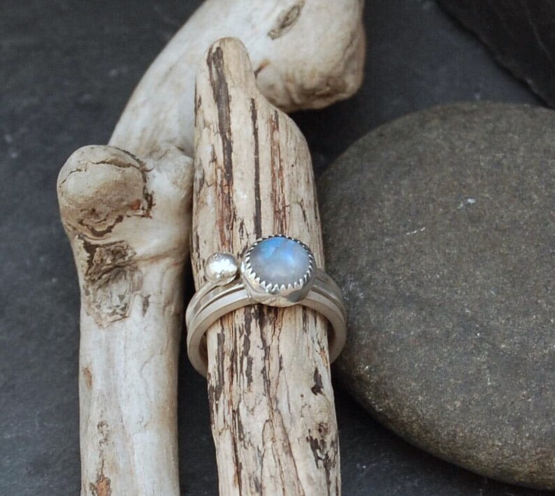 Set of Three Handmade Sterling Silver and Moonstone Stacking Rings O+12 Size UK