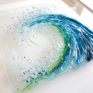 Fused Glass Large Breaking Wave Wall Art. Handmade Glass Ocean Picture.