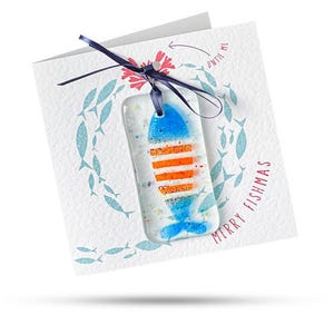 Feliz Fishmas (guirlanda) - Cartão de felicitações com presente de vidro fundido anexado