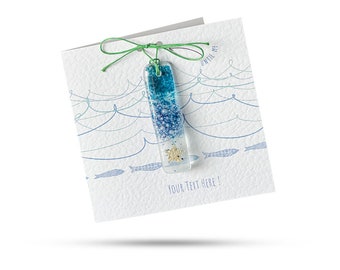 CUSTOM Sea Foam Stick (Waves and Fish) - Greeting card with fused glass gift attached. Add your own text.