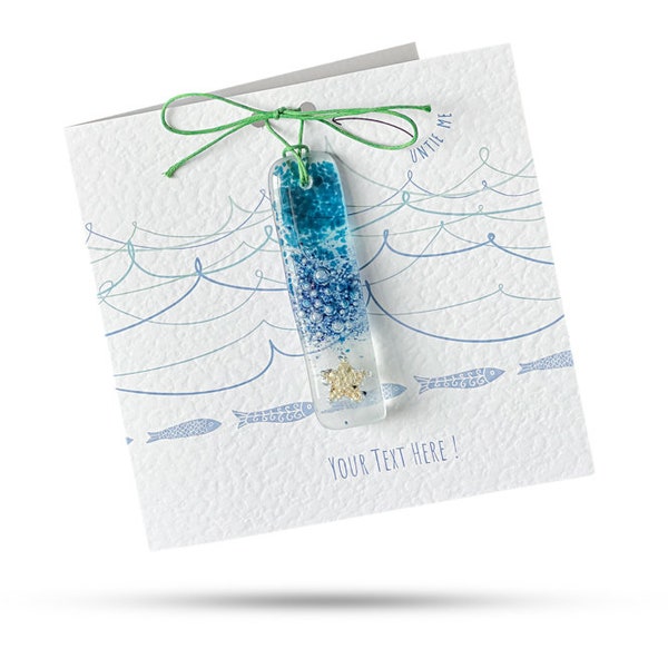 CUSTOM Sea Foam Stick (Waves and Fish) - Greeting card with fused glass gift attached. Add your own text.