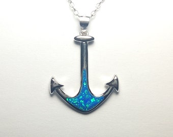 High Quality Blue Green Fire Opal 925 Sterling Silver Anchor Pendant Necklace Eye Catching Sterling Silver Necklace Great Love Gift