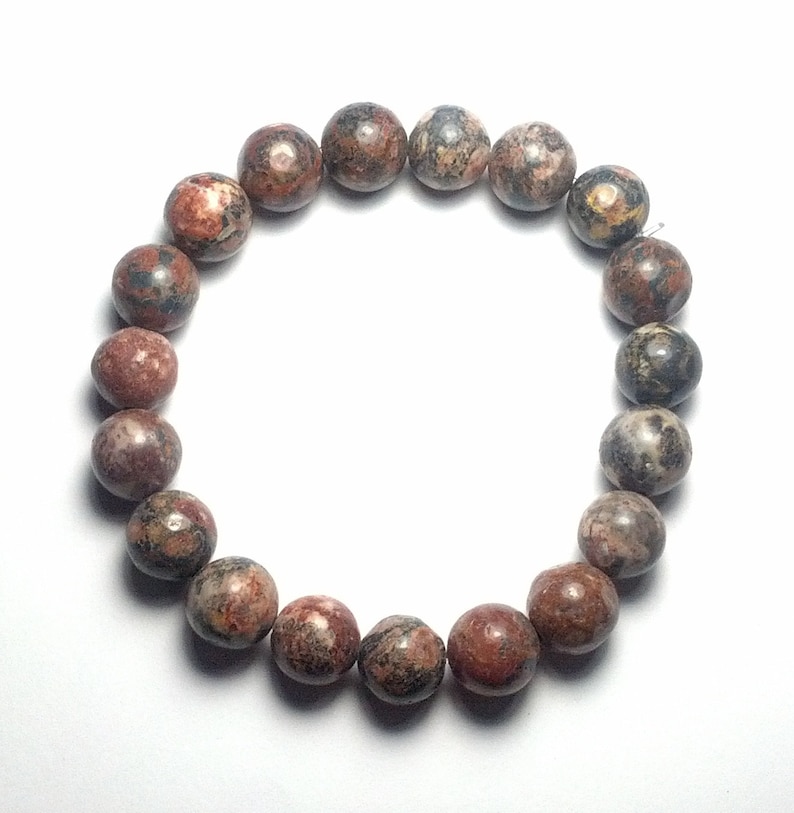 10mm Beautifully Polished Natural Undyed Leopardskin Jasper Gemstone Beaded Stretch Bracelet Latex Free Stretchy Bead Cord Yoga Bracelet