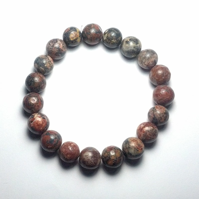 10mm Beautifully Polished Natural Undyed Leopardskin Jasper Gemstone Beaded Stretch Bracelet Latex Free Stretchy Bead Cord Yoga Bracelet