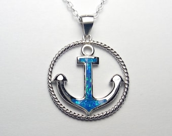 High Quality Blue Fire Opal Anchor Circle Pendant Necklace 925 Sterling Silver Pendant Eye Catching Sterling Silver Necklace Great Love Gift