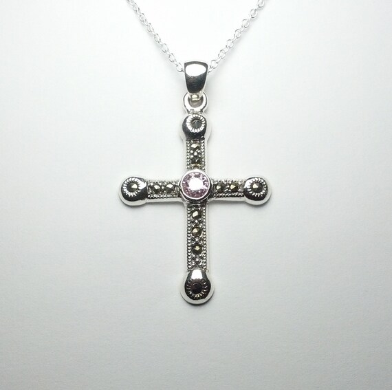 High Quality Marcasite Cz Pink Diamond 925 Sterling Silver Cross Pendant Necklace Eye Catching Love Gift