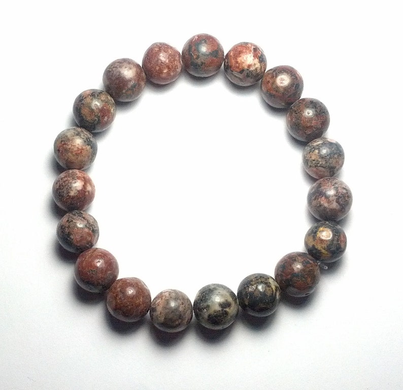 10mm Beautifully Polished Natural Undyed Leopardskin Jasper Gemstone Beaded Stretch Bracelet Latex Free Stretchy Bead Cord Yoga Bracelet