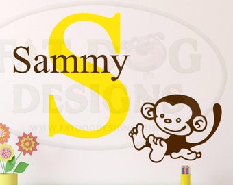 Sticker vinyle personnalisé nom de singe et monogramme - Sticker pour mur, sticker mural nom, décoration de chambre d'enfant, chambre d'enfant Safari, chambre d'enfant Jungle, nom personnalisé