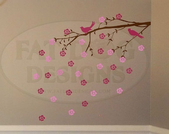 2 Color Cherry Blossom Branch and Birds Wall Decal, Cherry Blossom Wall Decal, Cherry Blossom, Kids Room, Living Room Decor, Flower Decal