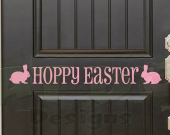 Hoppy Easter with Bunnies Removable Vinyl Decal - Easter Decoration, Easter Bunny Decal, Easter Door Decoration, Rabbit Decal